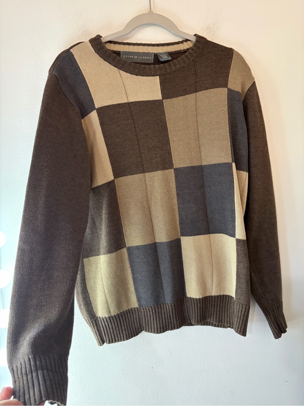Oscar de la Renta Men’s Brown, Beige and Gray Checker Crewneck Sweater